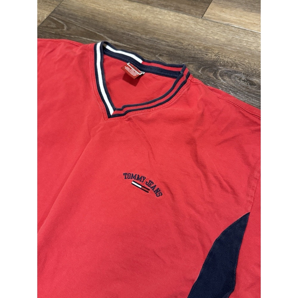 Vintage Y2K Tommy Hilfiger XXL V Neck Red Shirt Navy Blue Clean Stripe White
